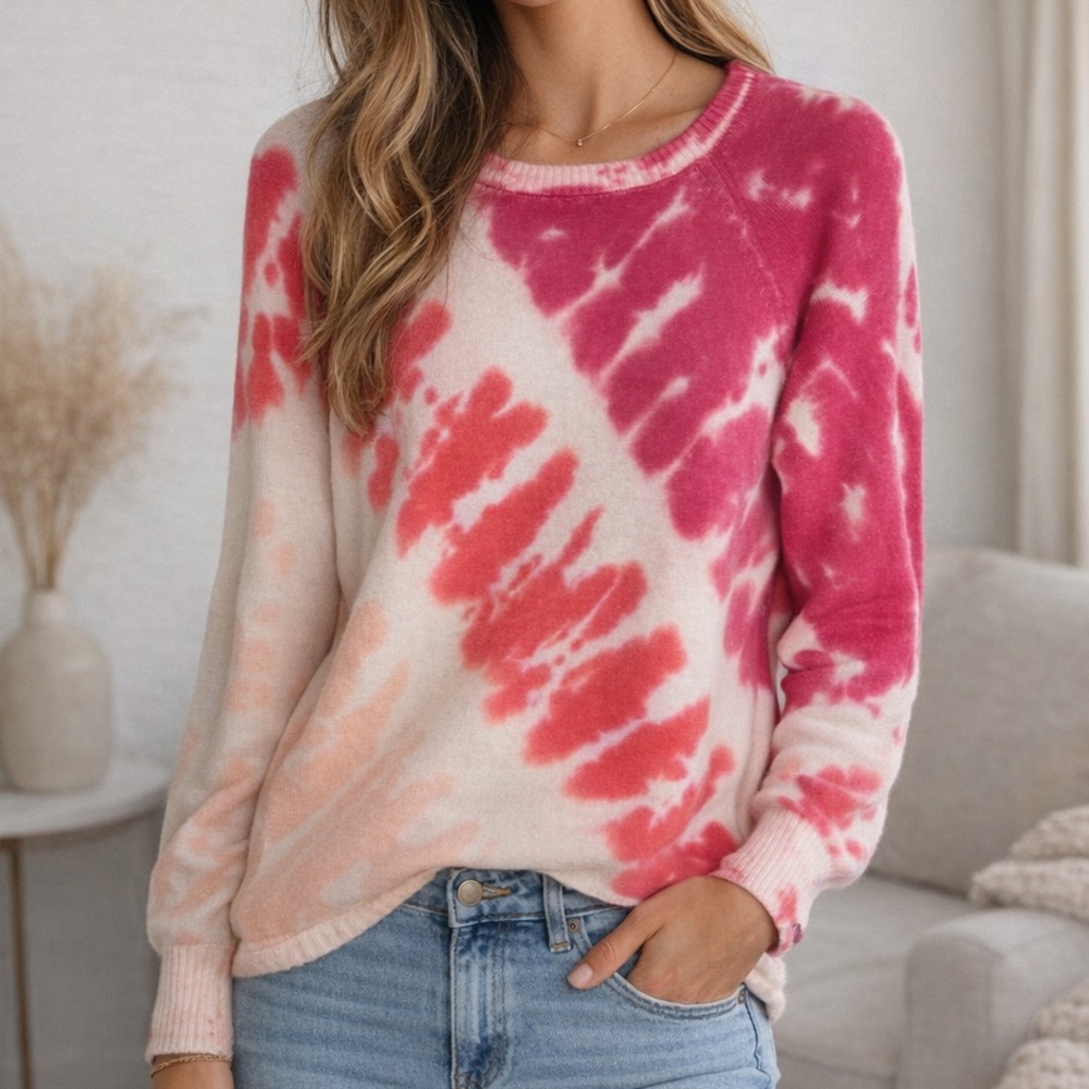 Design365 Women's Pink and Cream Tie-Dye‎ Sweater Size Medium Boho Y2k